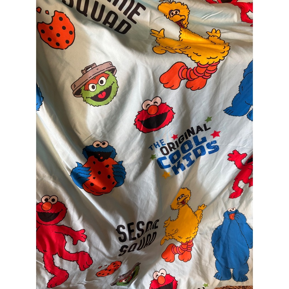 Sesame Street Twin Top Flat Sheet Elmo Cookie Monster Big Bird Blue Flat Bed